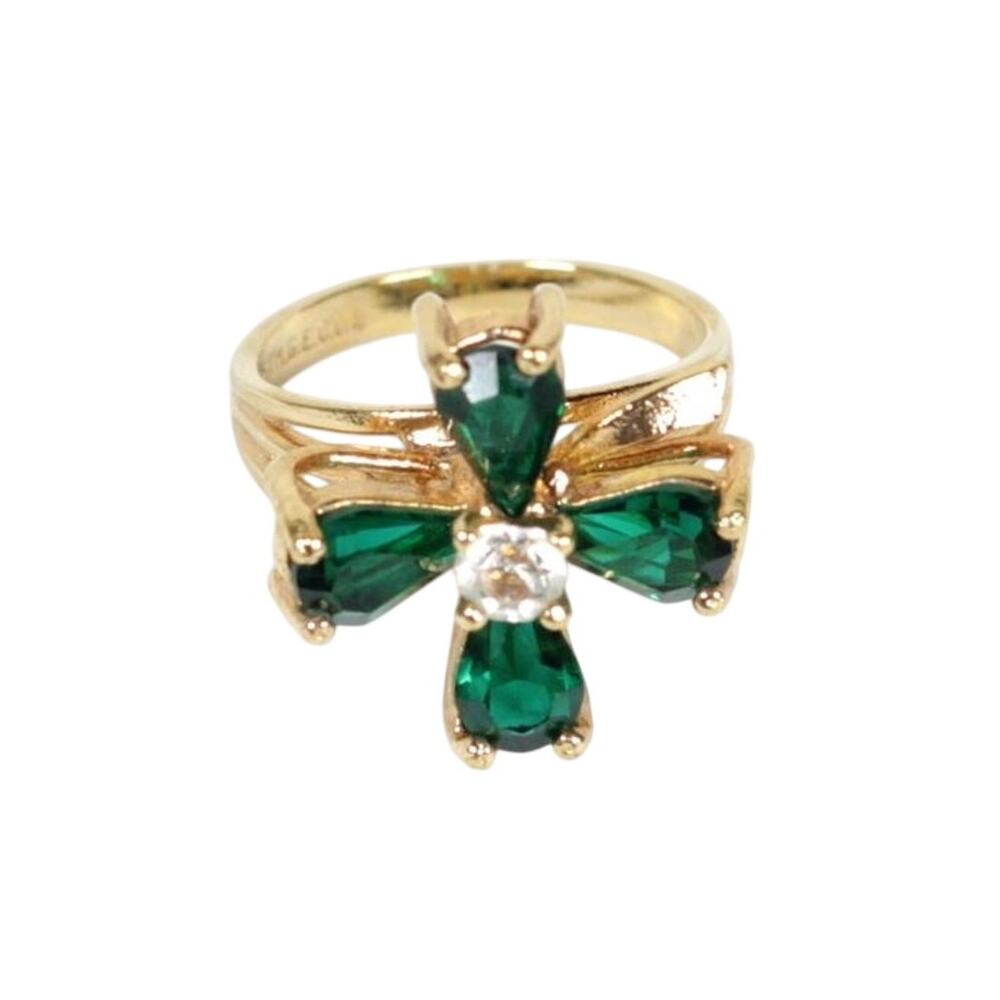 Vintage 18kt Yellow Gold Plated HGE 4-Leaf Clover Lucky Rhinestone Ring Size 6